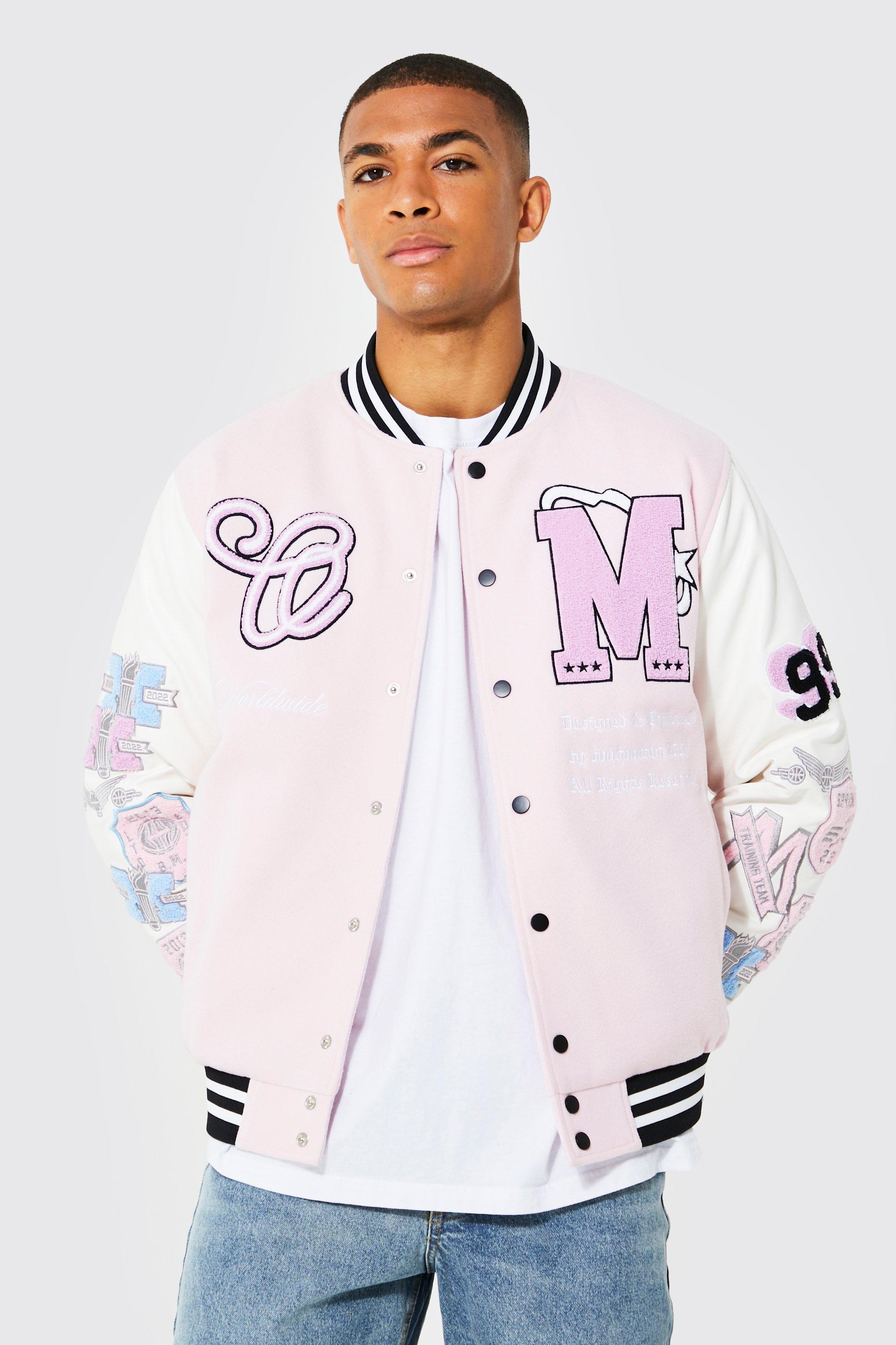 Pink varsity jacket mens hotsell